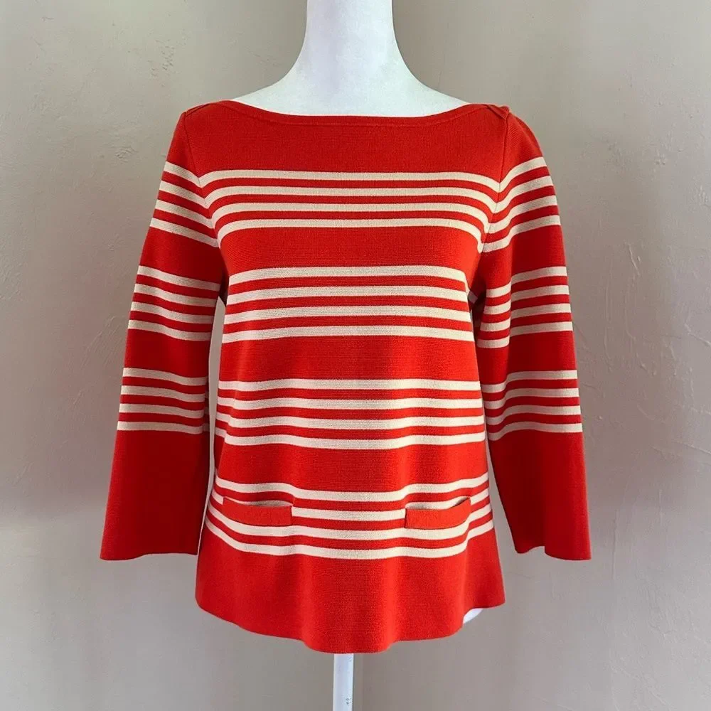 J. Crew Boatneck Popover Sweater in Orange Knit w/ Cream Stripes Pockets Size S